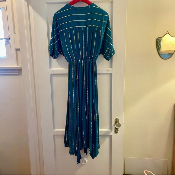 En Crème Sabrina Lurex Kimono Teal Maxi Dress with Silver Stripes -  M - Picture 10 of 10